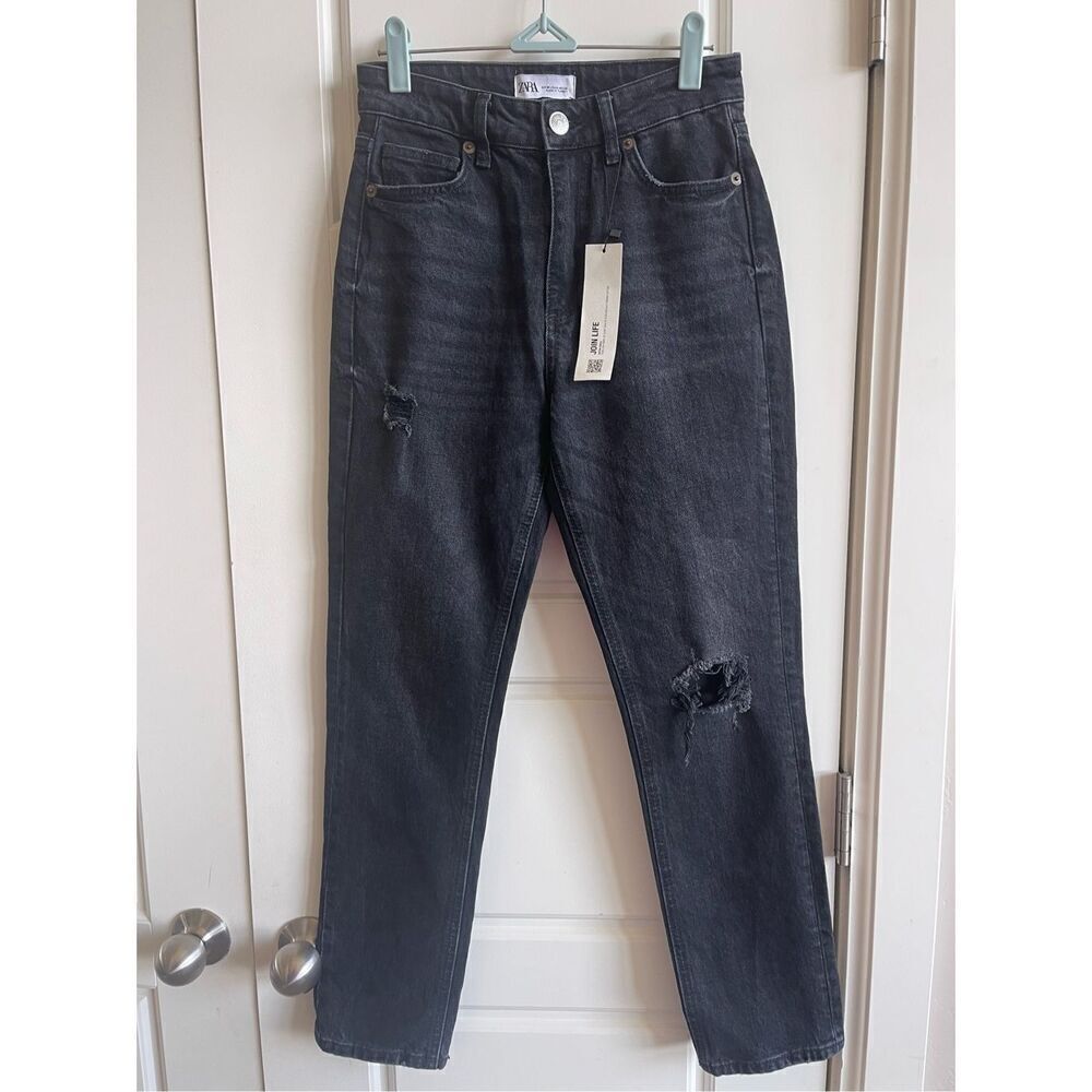 Zara Black Destroyed High-Waist Tapered Premium Denim